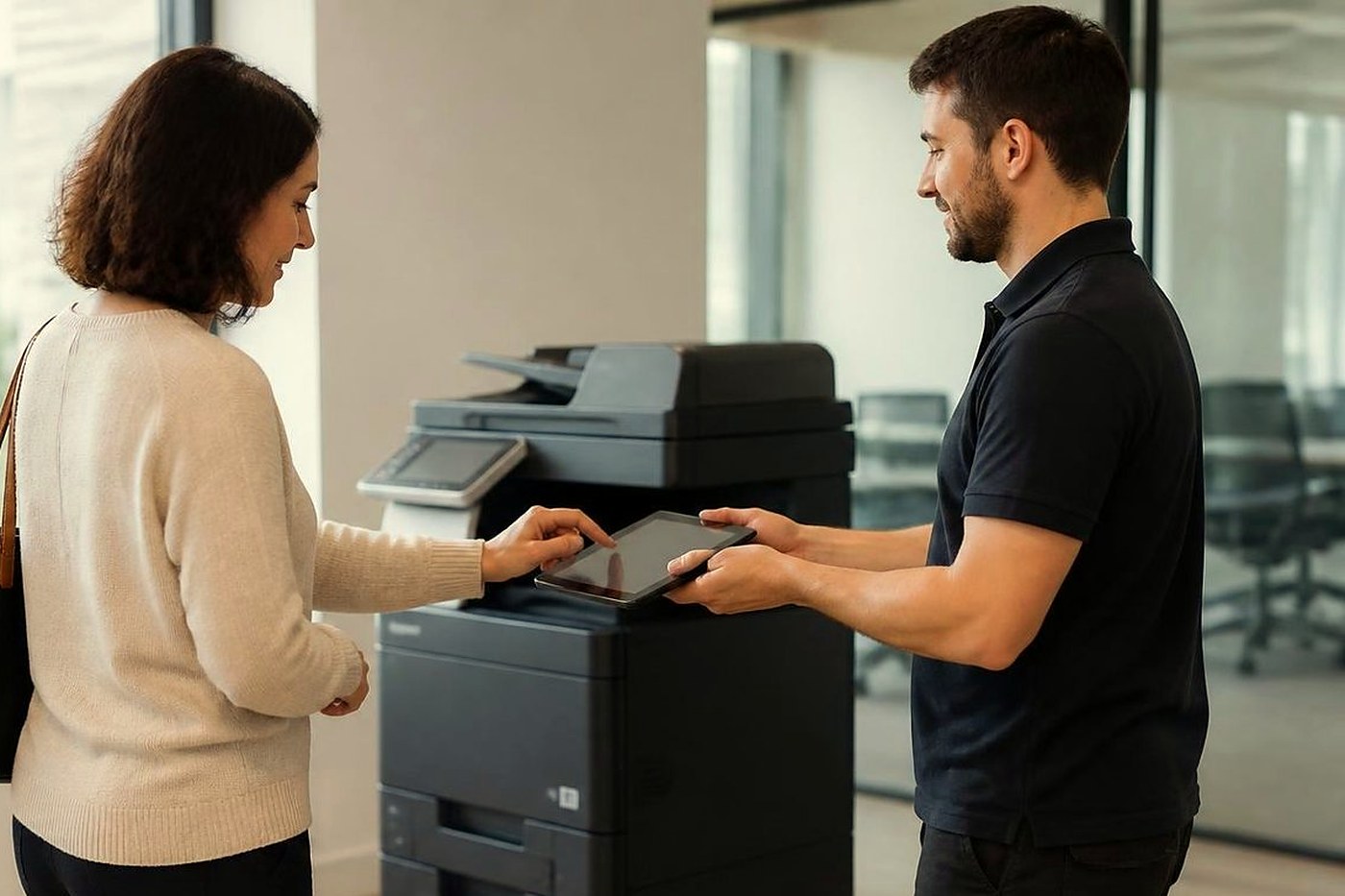 A technician handing a repaired copier back to an office manager in Brisbane