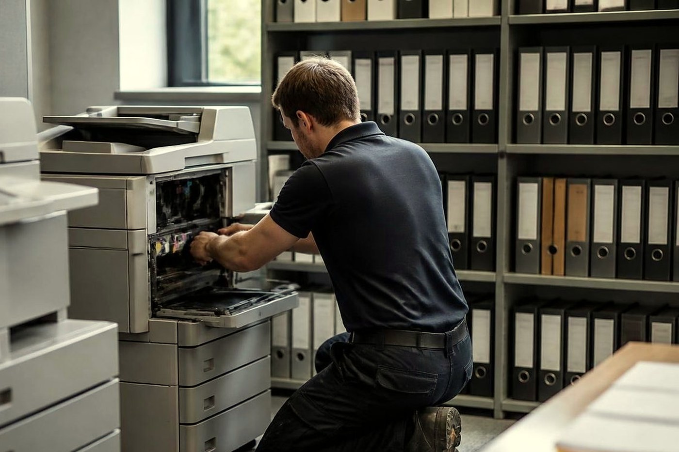 A technician repairing a copier beside filing shelves in a Brisbane law office