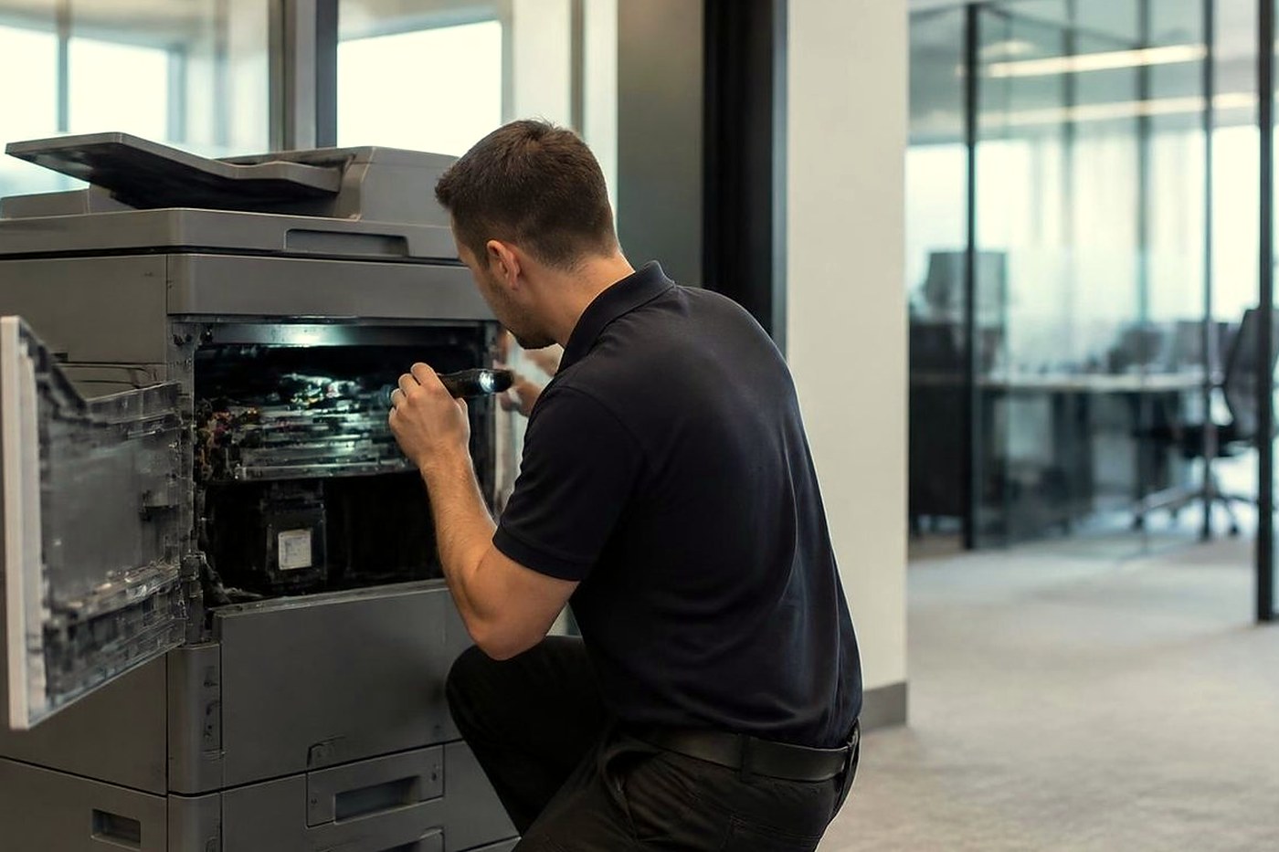 A technician working inside a copier with the side panel off, in a Brisbane office