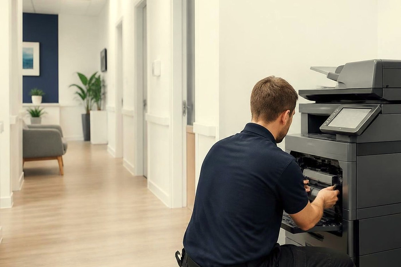 A technician working on a copier in a corridor of a Brisbane medical clinic