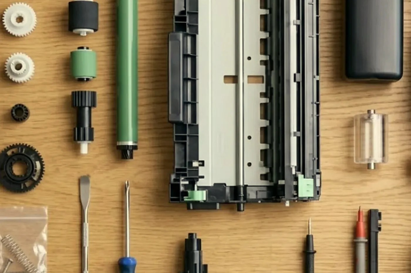Toner, drum, rollers and tools laid out for a Brisbane copier service