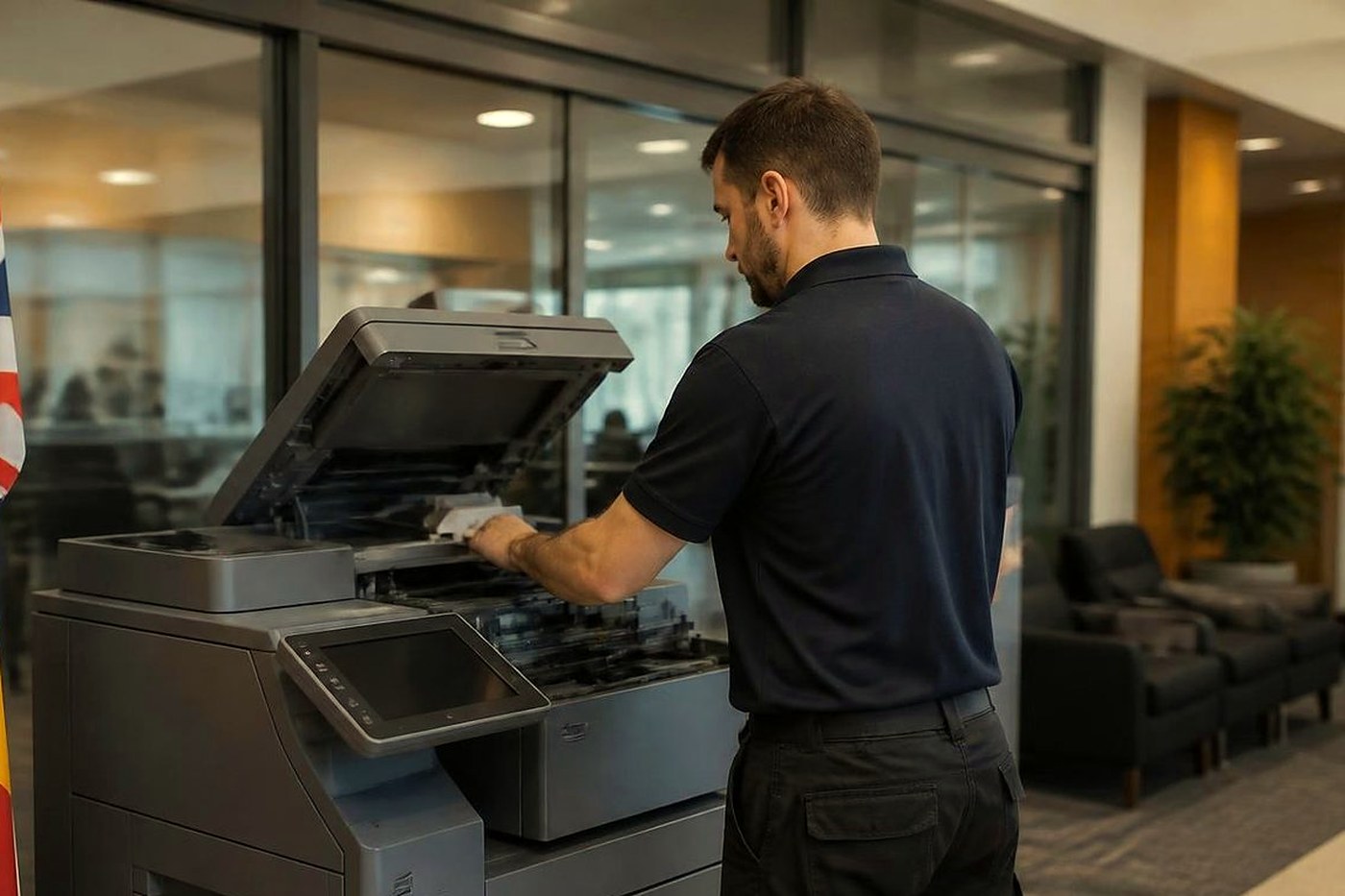 Technician servicing a copier in an office beside flags