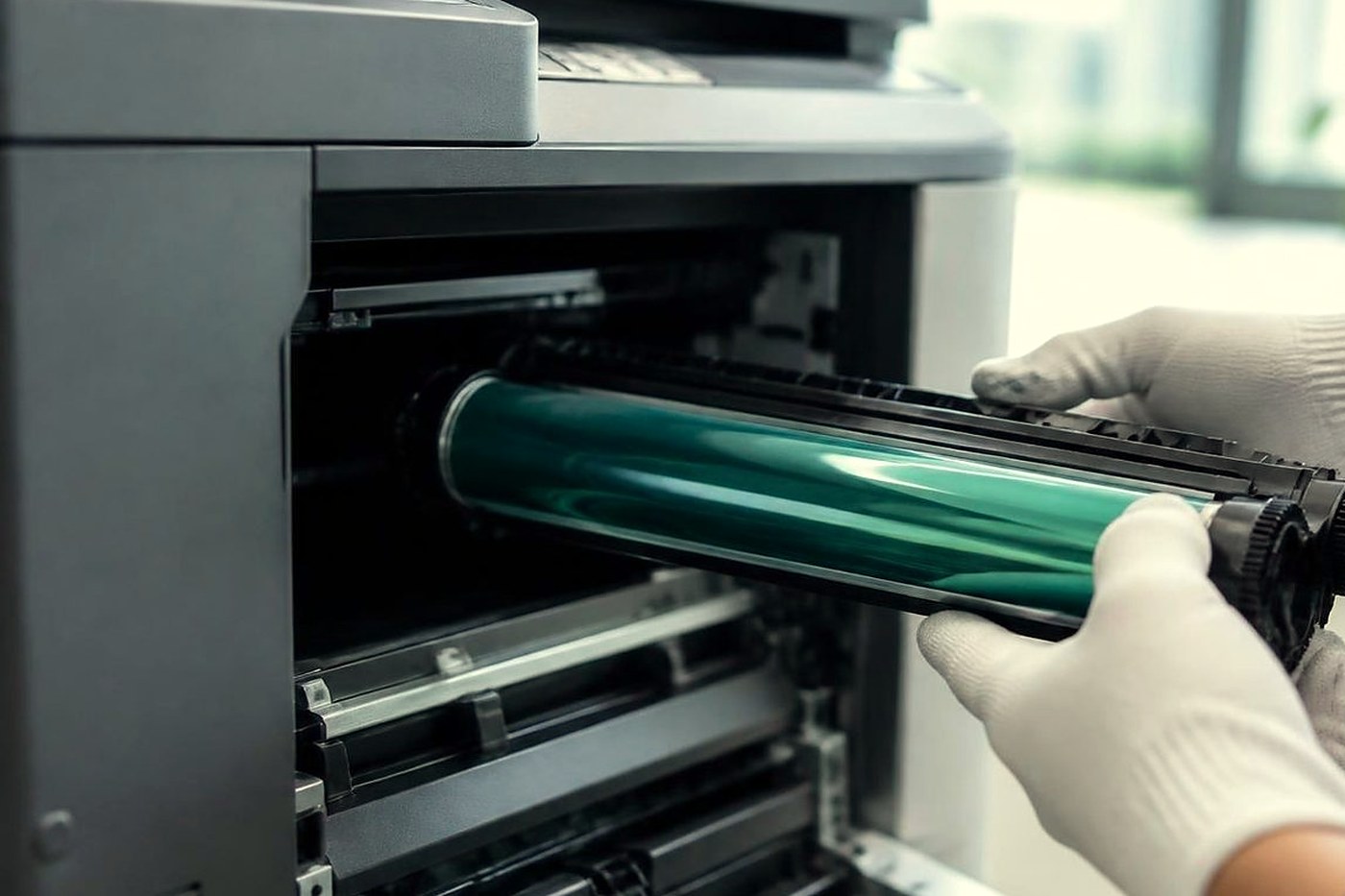 Gloved hands fitting a drum into a copier in a Brisbane office