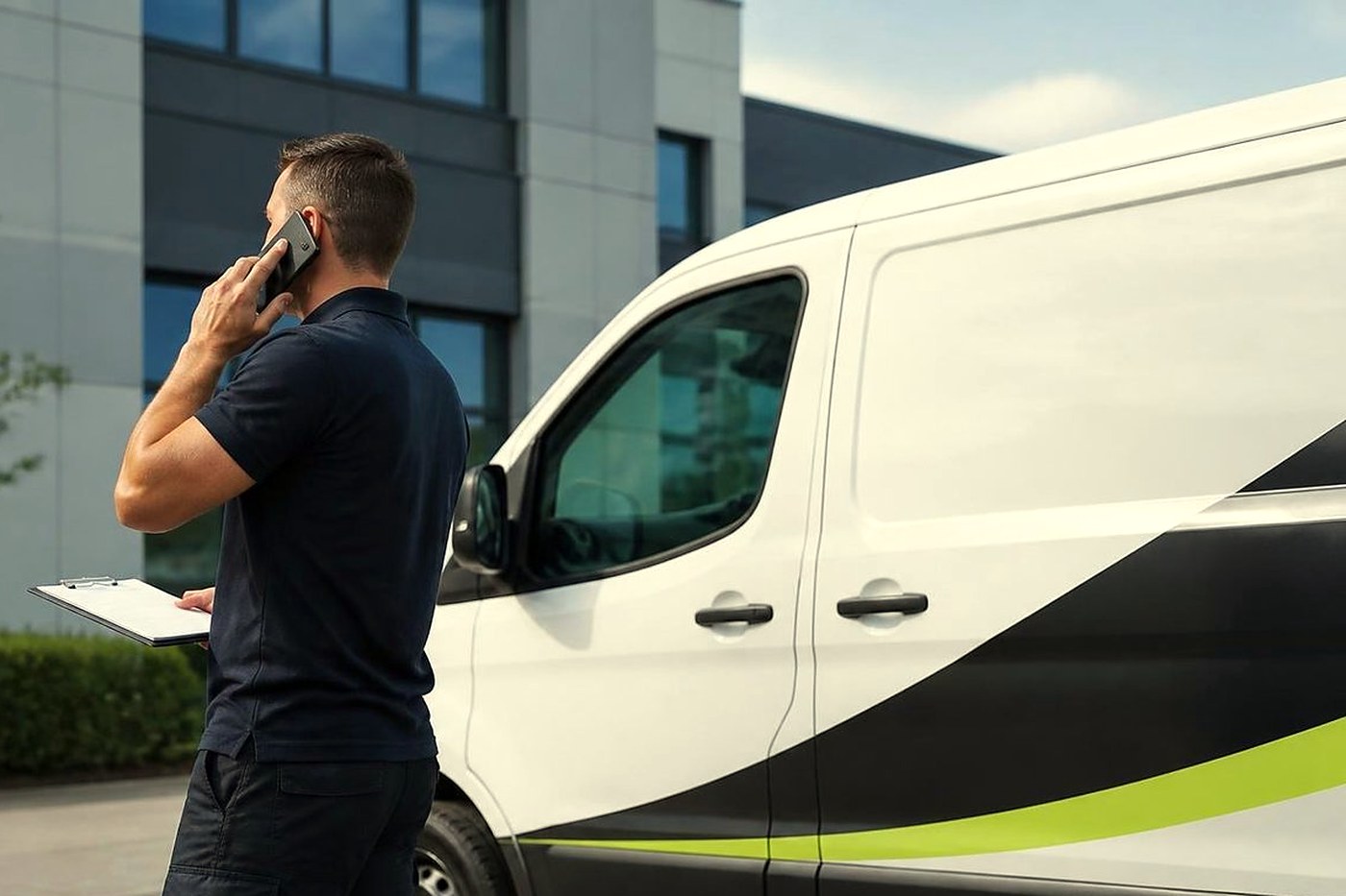 A technician on the phone next to the service van in Brisbane