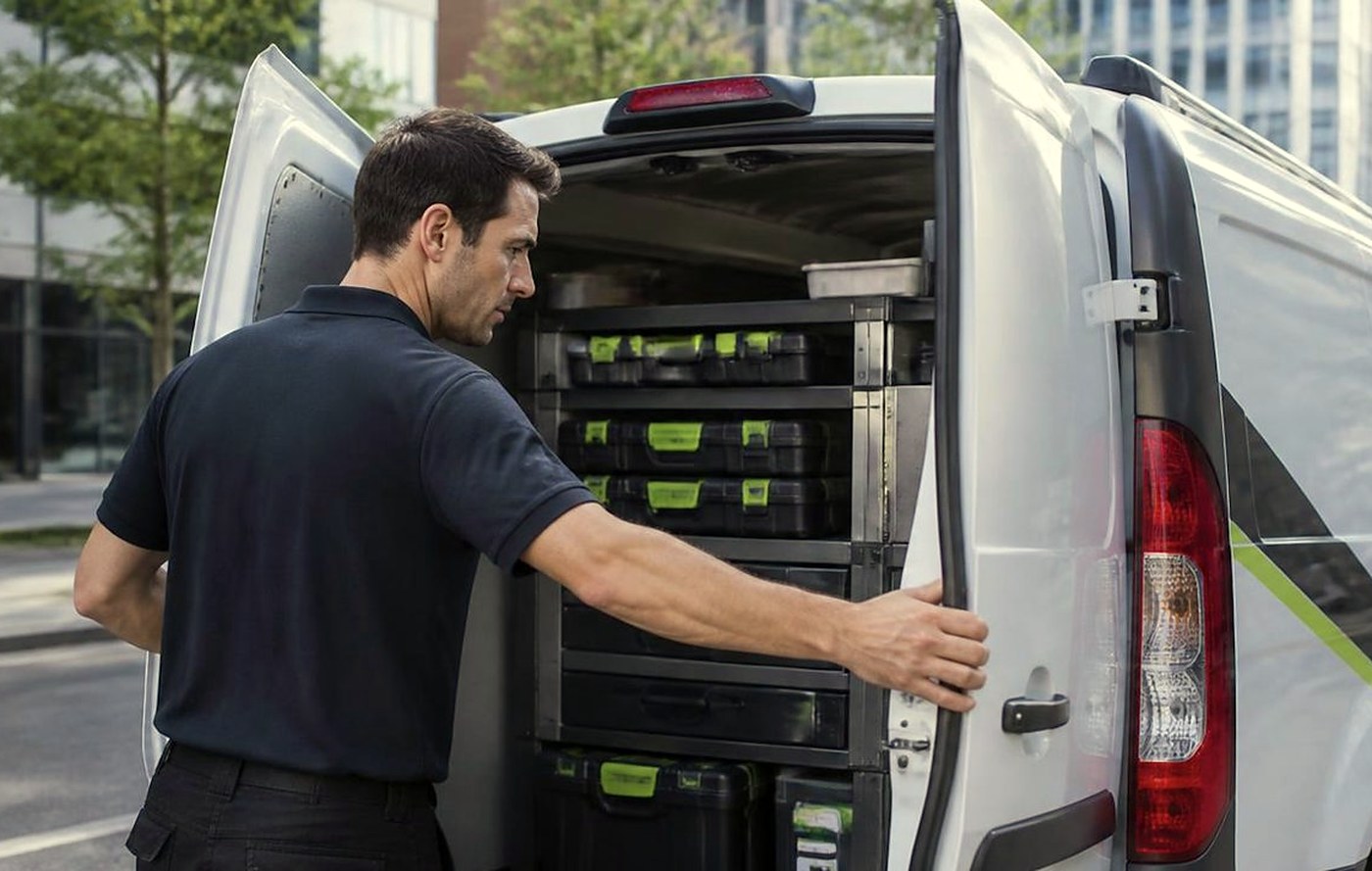 A technician at the open side doors of a service van in Brisbane