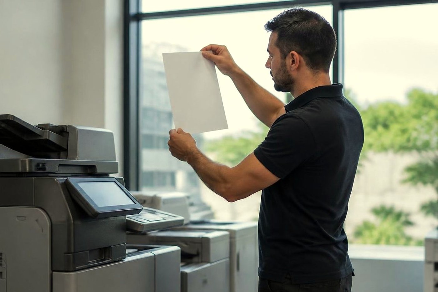 A technician beside a floor standing copier checking a test page in Brisbane