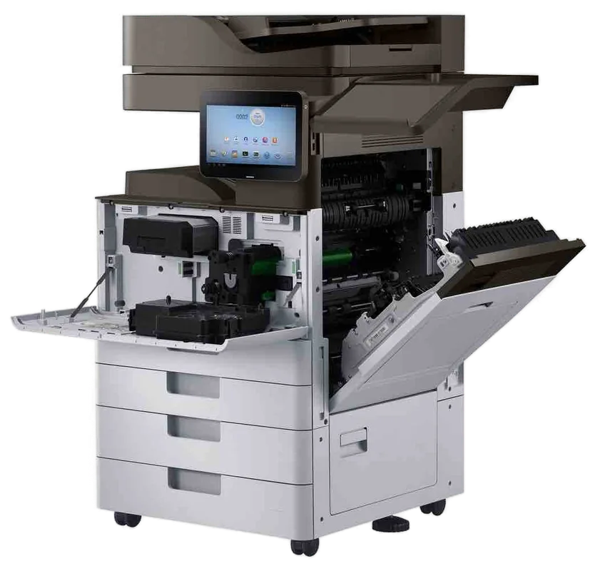 Office multifunction copier with its front and side doors open for service